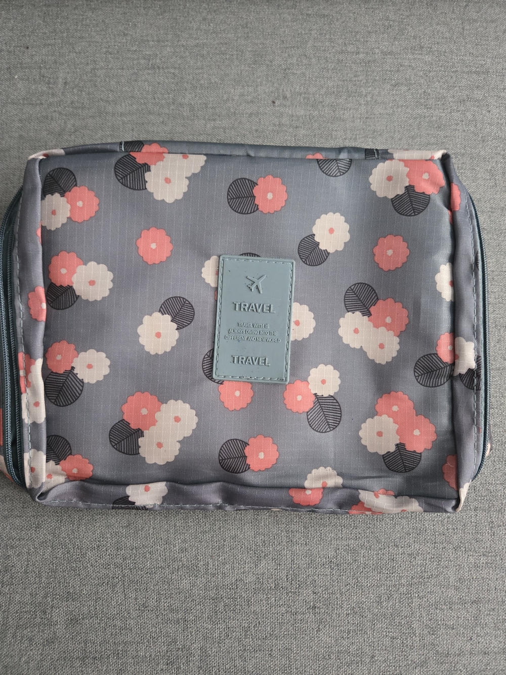 Travel Floral Cosmetic Pouch - Gray with Pink Flowers